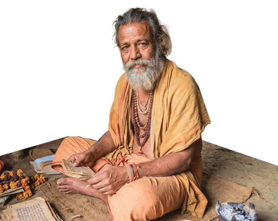 మట్టి గుడిసెలో కాషాయ వస్త్రాలు, రుద్రాక్ష మాల ధరించిన ఒక హిమాలయ యోగి