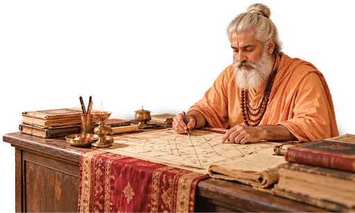 A saint in saffron robes working out a birth chart at his desk